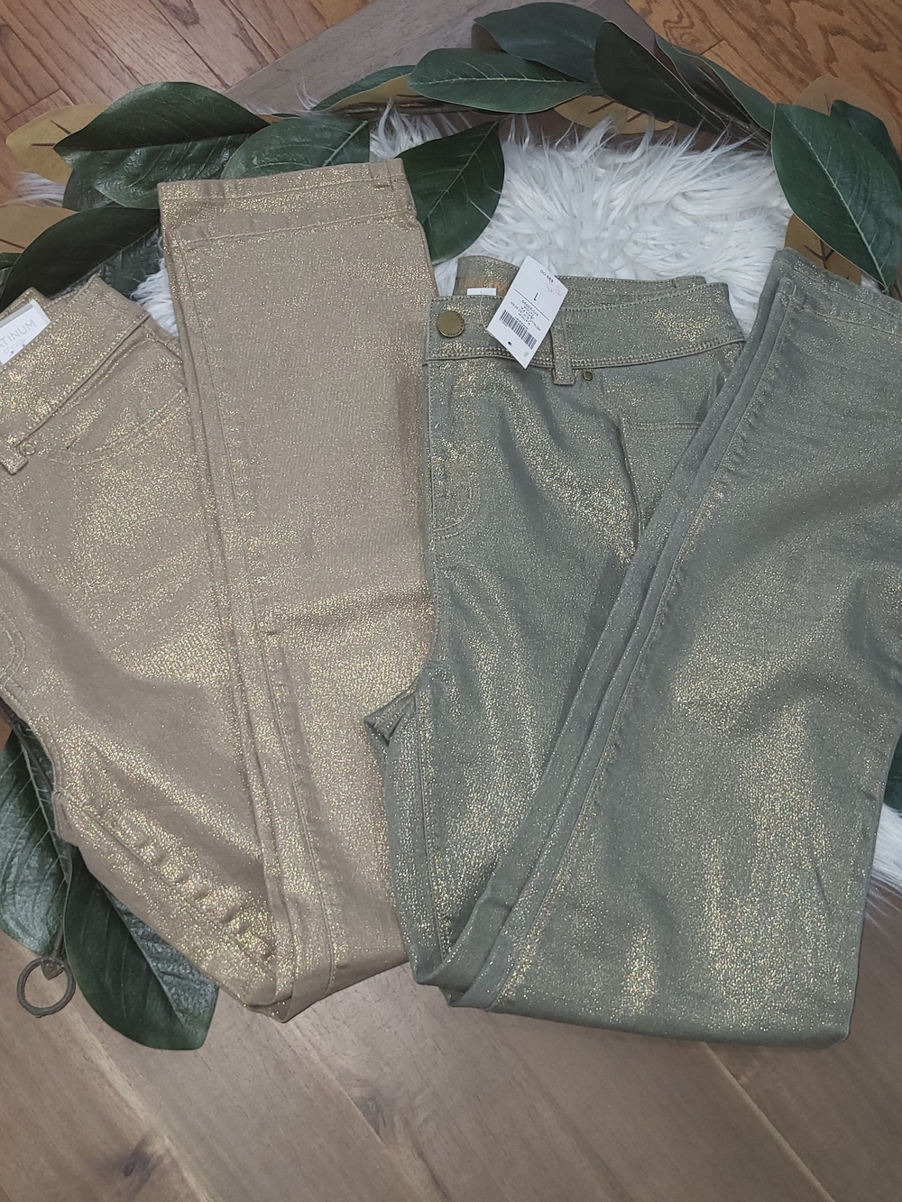 Chico's NWT Bundle Of 2 Platinum Metallic Gold / Olive Fatigue Slim Pants Cotton